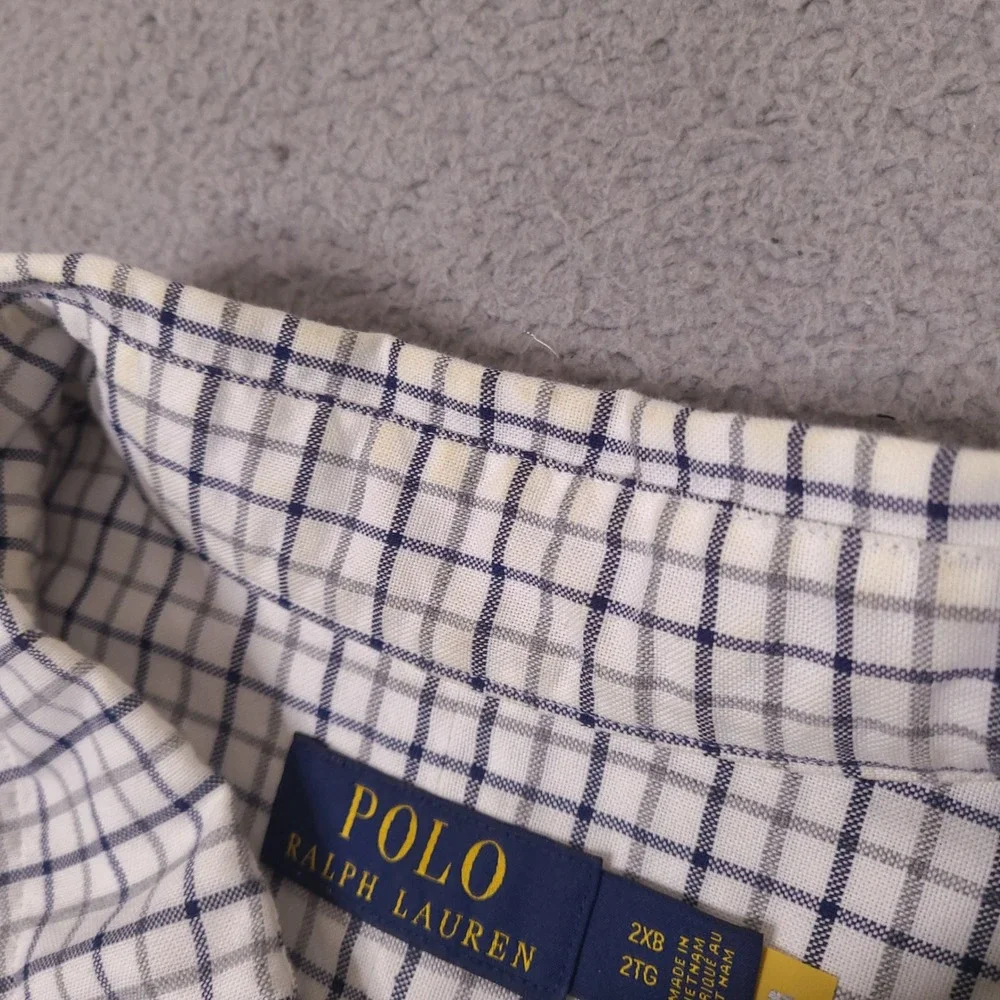 Polo Ralph Lauren Mens 2XB Shirt Short Sleeve Check Grid‎ Button Down White Blue